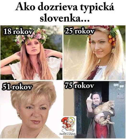 Štyri obrázky znázorňujúce starnutie slovenskej ženy od 18 do 75 rokov s humoristickým podtónom.