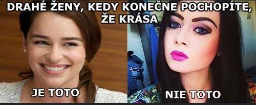 Žena s prírodným vzhľadom vs. žena s výrazným make-upom, text o kráse a jej vnímaní.