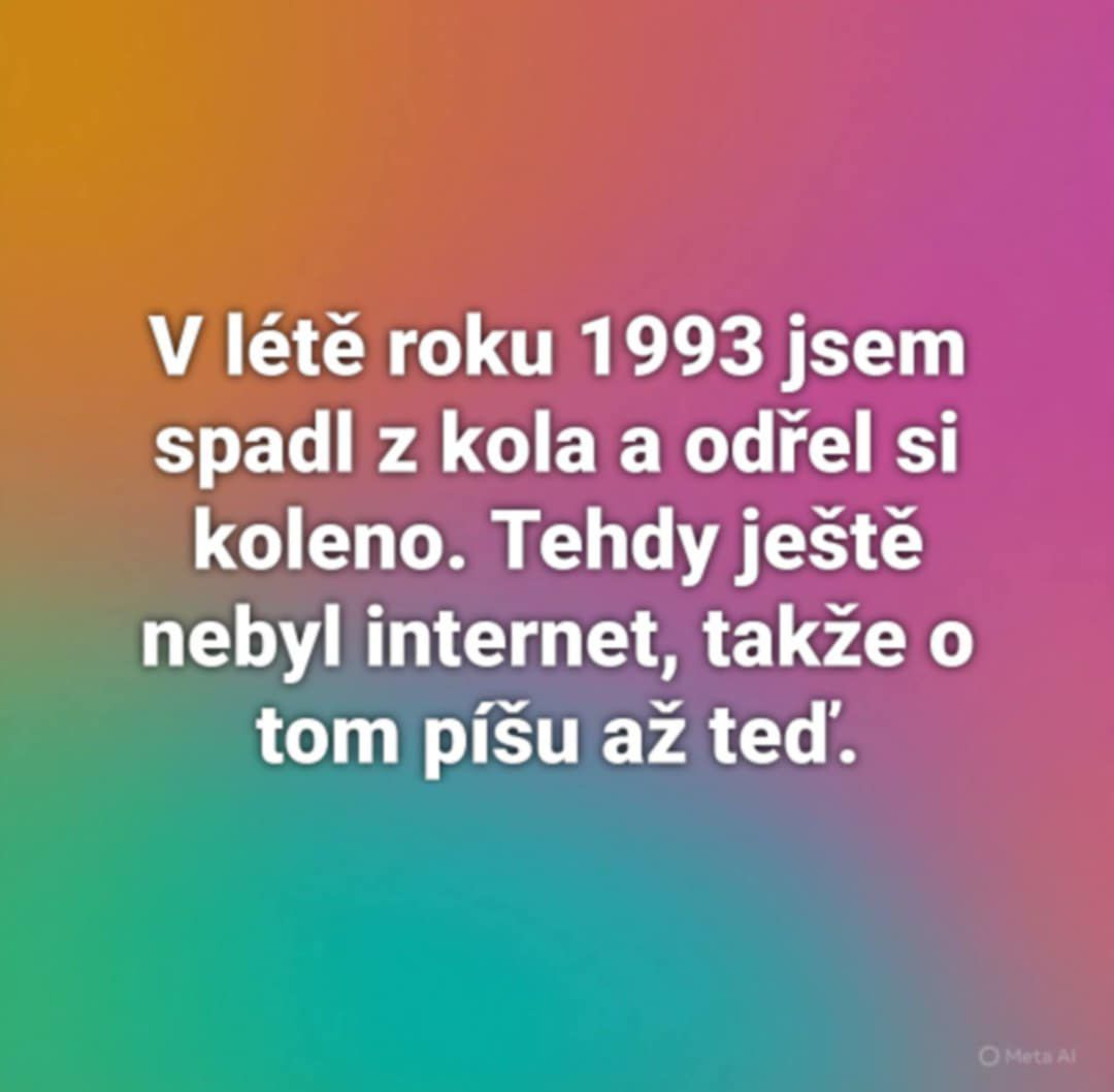 Text o páde z bicykla v roku 1993, spomienka pred internetom, dnes zdieľaná na pestrofarebnom pozadí.