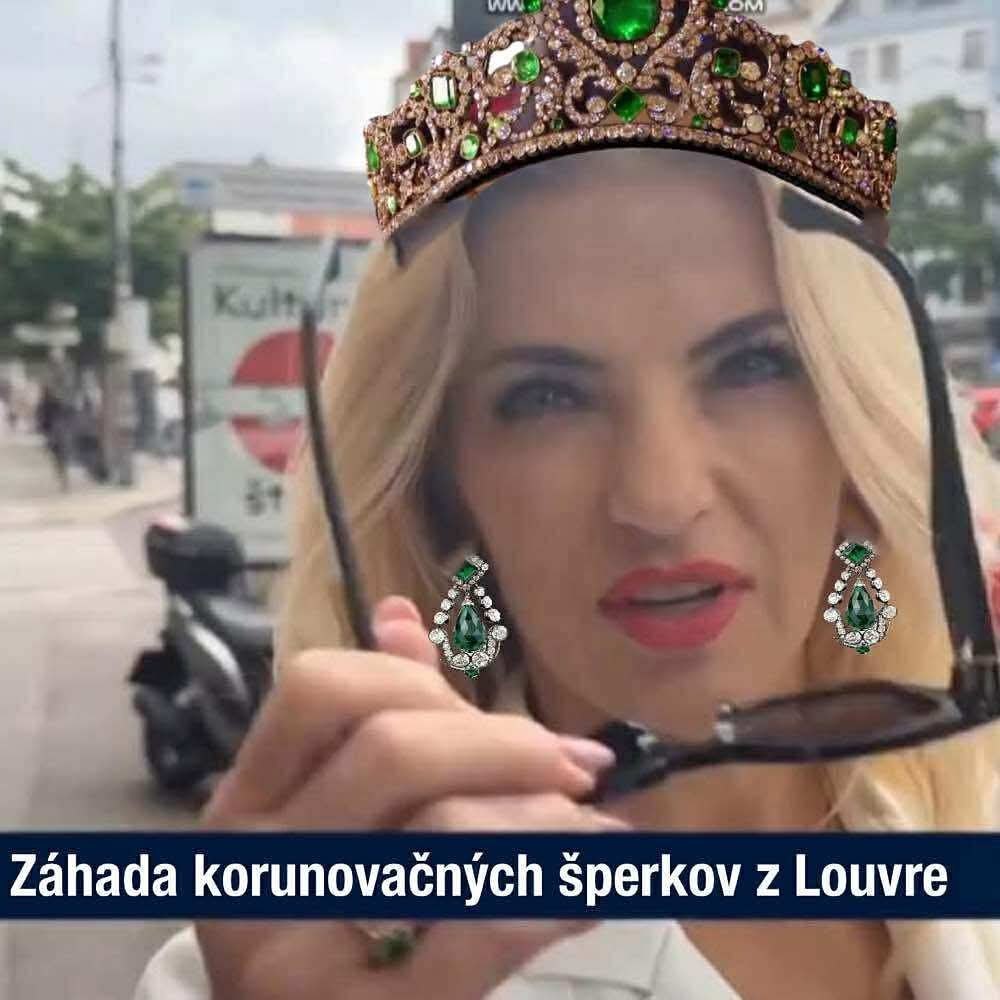 Žena s korunou a náušnicami, drží okuliare; text: Záhada korunovačných šperkov z Louvre.