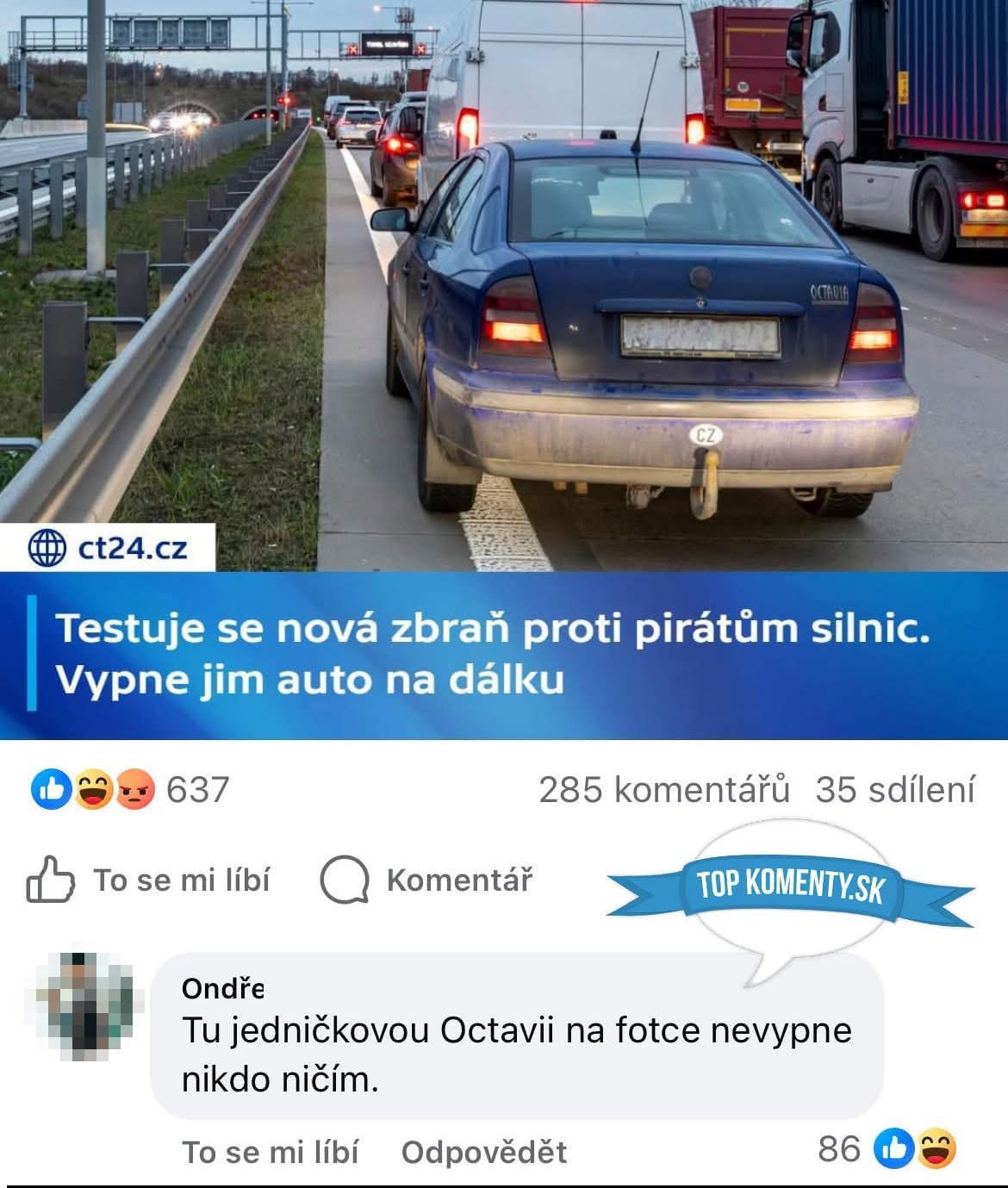Auto stojace na kraji cesty vedľa kolóny, nadpis o diaľkovej deaktivácii áut proti pirátom ciest.