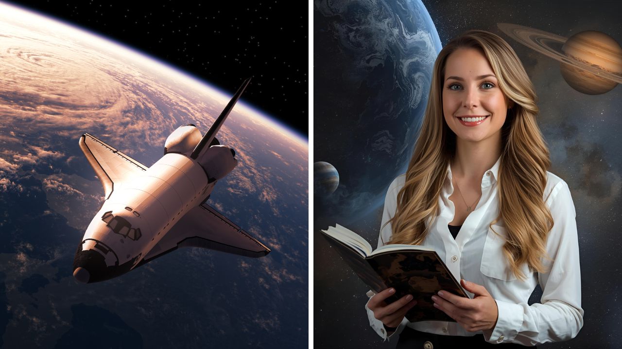 Raketoplán v kozme vedľa ženy s knihou a planétami v pozadí.