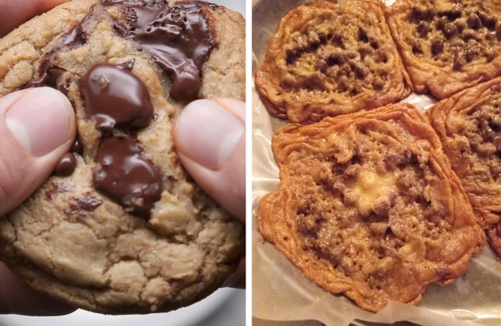 Porovnanie čerstvých čokoládových cookies: nadýchané verzus tenké, upečené na plechu.