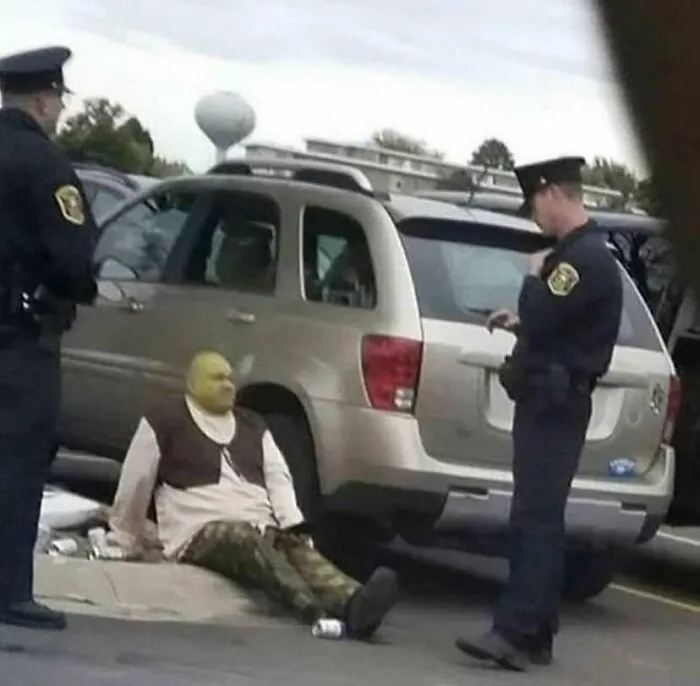 Osoba v kostýme sedí na obrubníku pri aute, zatiaľ čo dvaja policajti stoja vedľa.