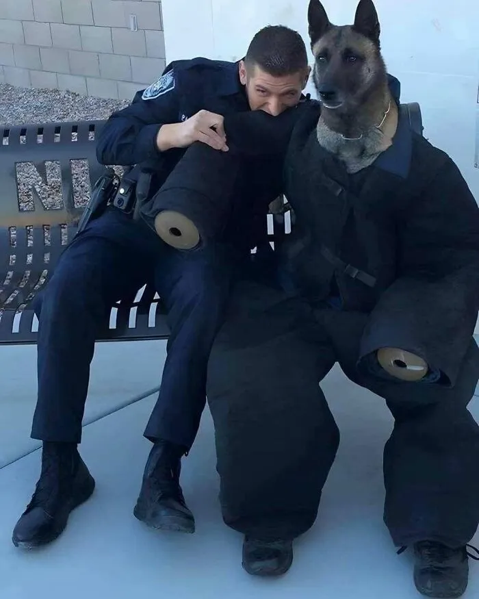 Policajt sedí vedľa psa oblečeného v ochrannom obleku, obaja majú vážny výraz.