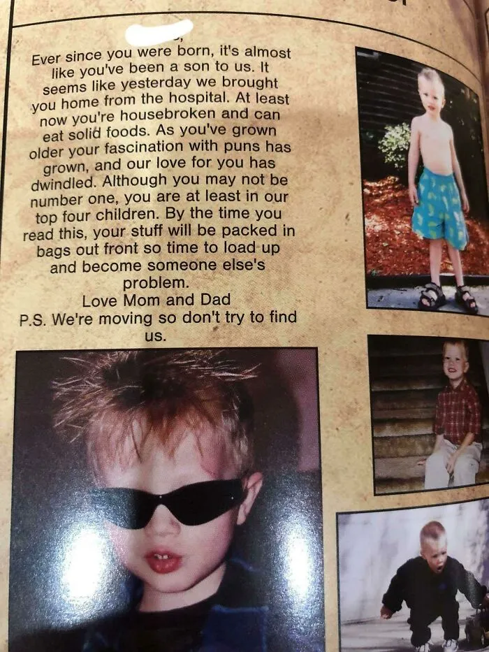 Roztomilý chlapec na starých fotografiách s humorným komentárom od rodičov o jeho vyrastaní.