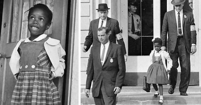 Dievča sprevádzané ochrankou v škole, historický moment integrácie počas hnutia za občianske práva.