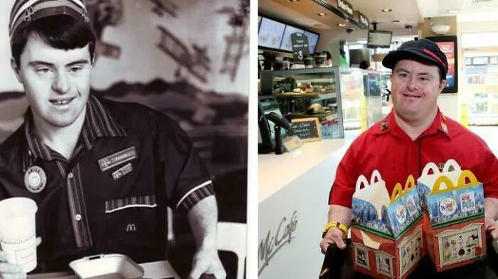 Osoba pracujúca v rýchlom občerstvení, na čiernobielej a farebnej fotografii, drží nápoje a detské menu.