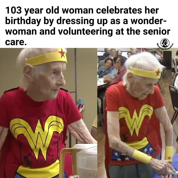 Staršia žena oslavuje narodeniny v kostýme superhrdinky, pomáha v domove seniorov.