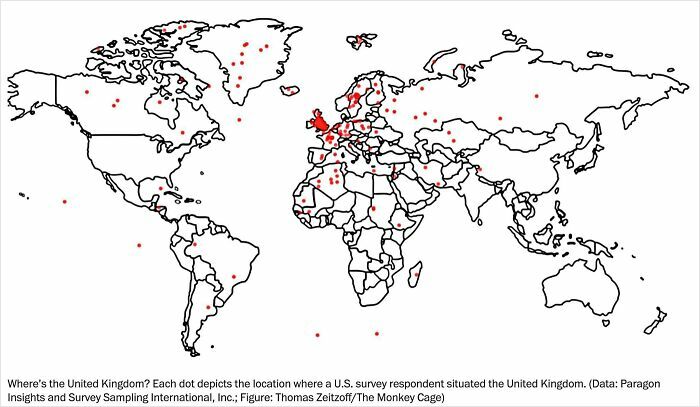 Mapa sveta s bodkami znázorňujúcimi miesta, kde respondenti z USA umiestňujú Spojené kráľovstvo.