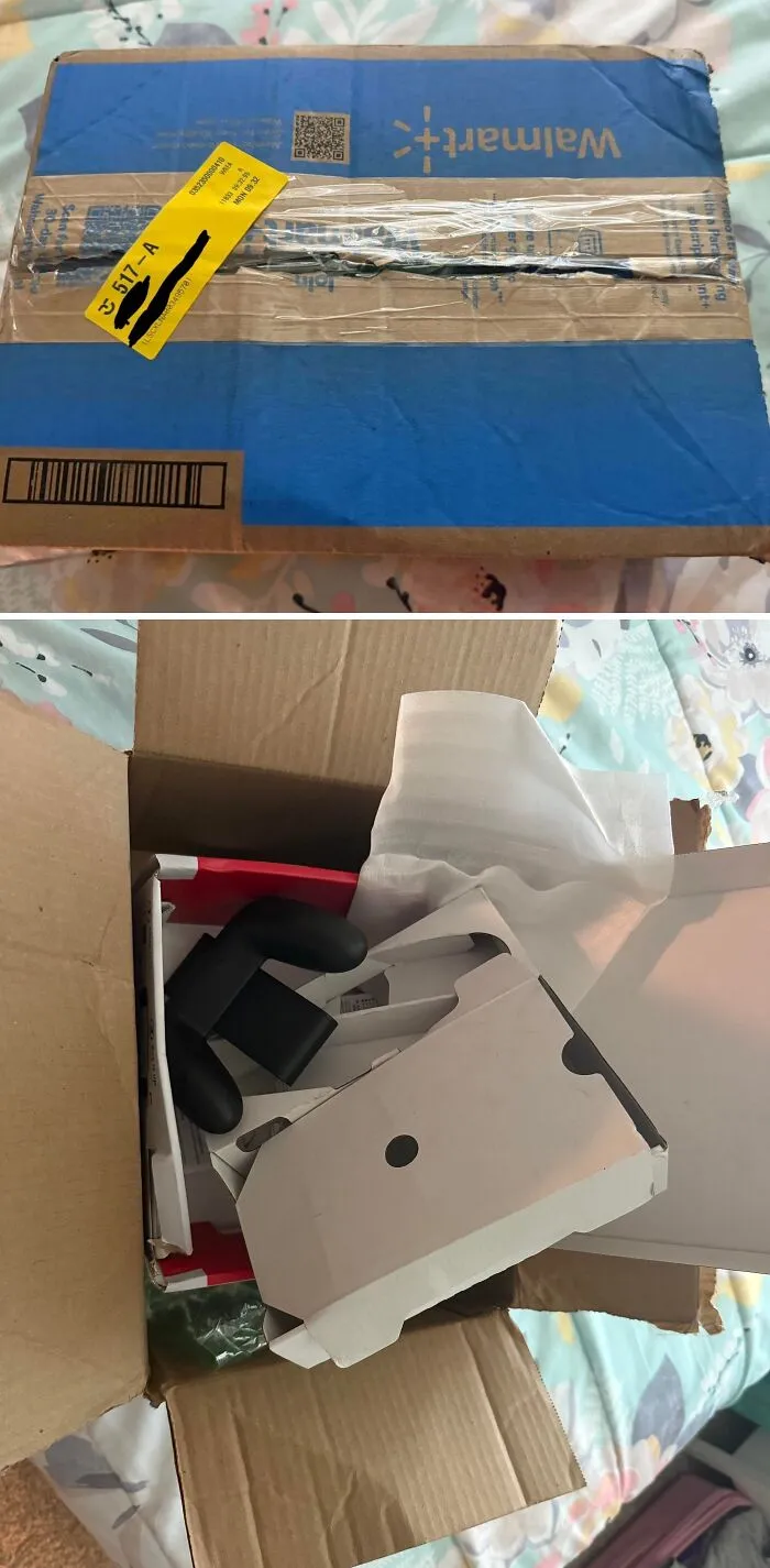 Otvorená krabica s nečakane iným obsahom ako pôvodne objednaným, doručená poštovou službou Walmart.