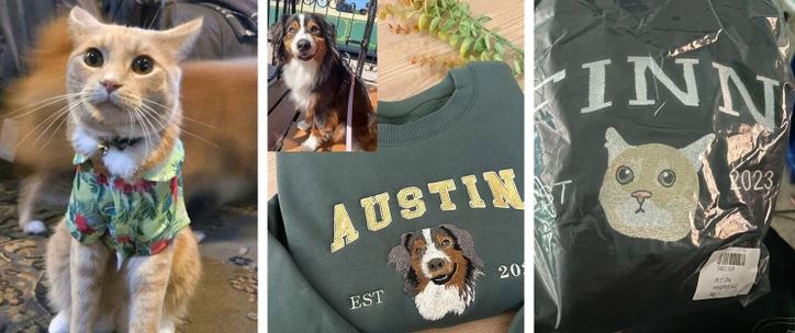 Mačka v hawajskej košeli, pes na tričku Austin a obal s výšivkou mačky. Zvieracie motívy na oblečení.