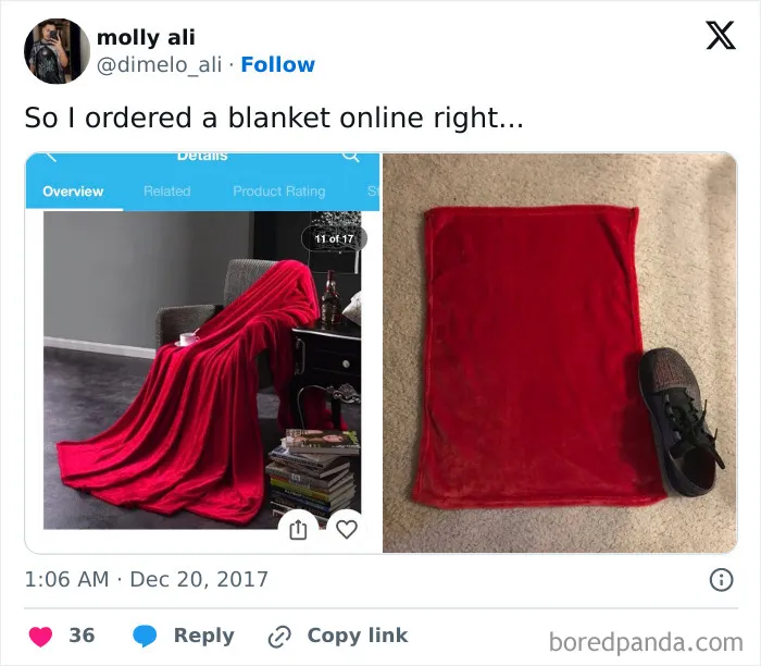 Porovnanie online objednanej deky: očakávanie veľkej deky vs realita malej plachtičky.
