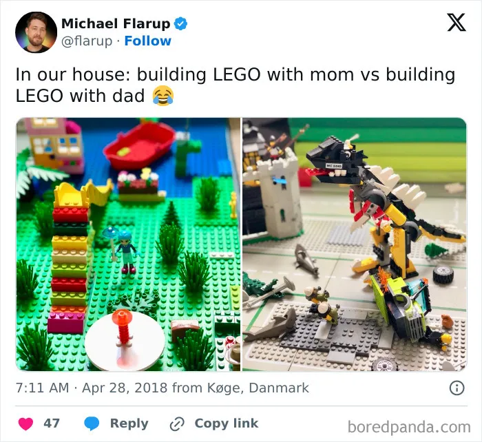 Farebné LEGO výtvory: naľavo záhradná idyla, napravo tvorivé dobrodružstvo s drakom.
