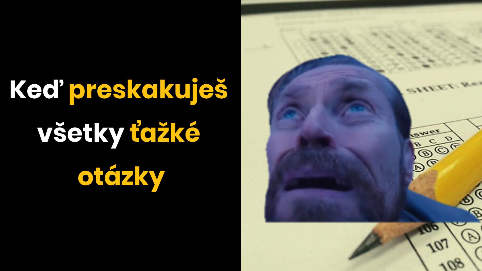 Muž v strese pri testovom hárku, keď preskakuje ťažké otázky. Sarcastický výraz vyjadruje úzkosť a frustráciu.