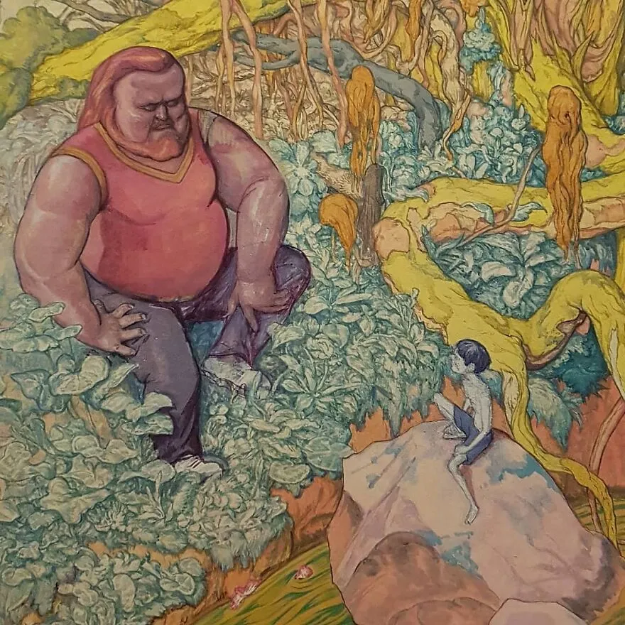 Obraz muža a dieťaťa v magickom lese plnom farebného lístia a spletitých koreňov.