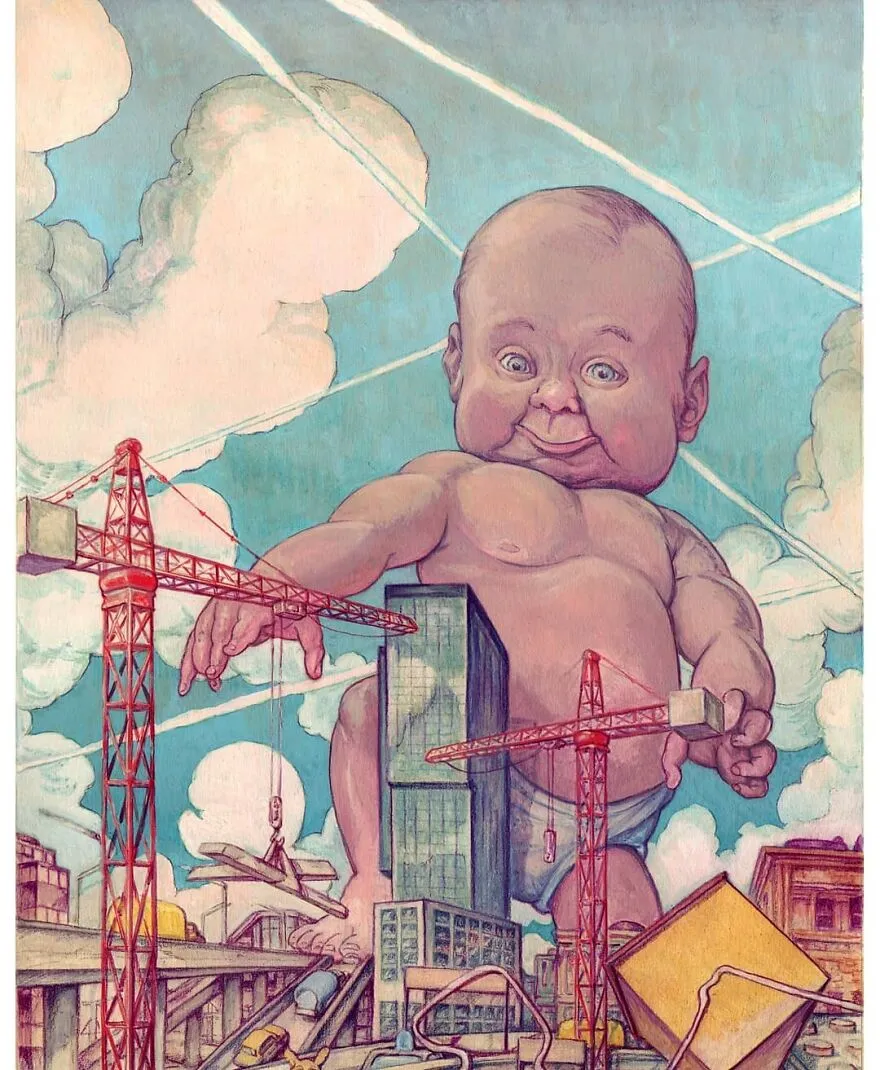 Obrovské dieťa s úsmevom stojí medzi mrakodrapmi a stavebnými žeriavmi na surrealistickom pozadí.