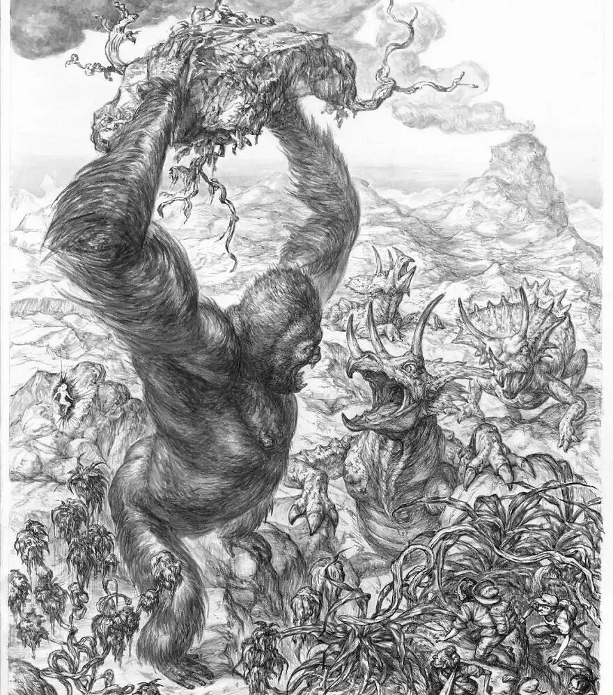 Obrovská opica bojuje s prehistorickými jaštermi v dramatickej kresbe zasadená do divokej krajiny plnej detailov.