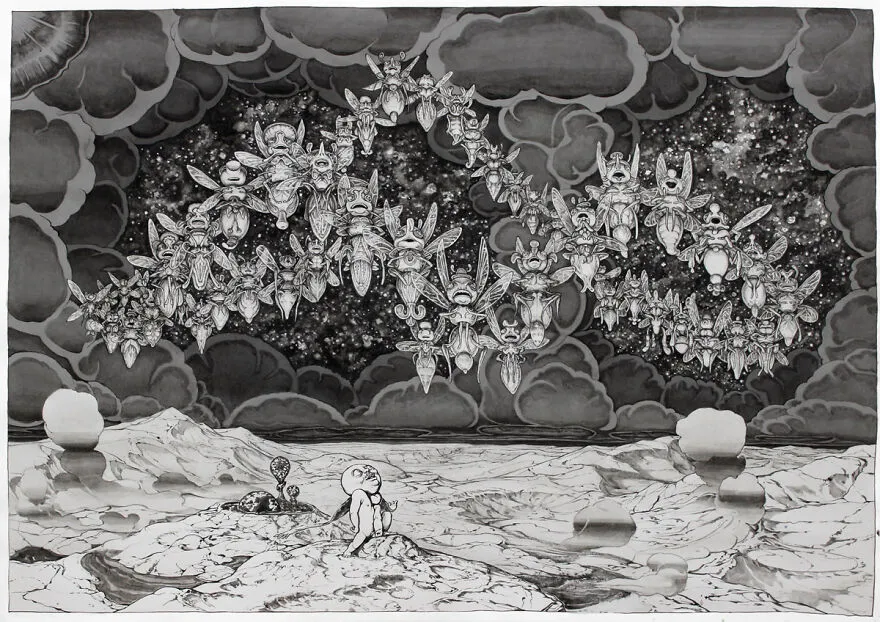 Ilustrácia s fantazijnými tvormi na oblohe, zasnená postava sedí na surrealistickej krajine.