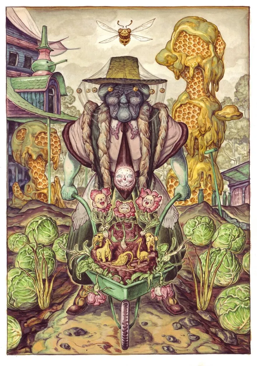 Surrealistická scéna so stvorením tlačiacim fúrik plný fantastických kvetov v magickej záhradke.