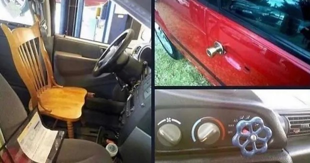 Auto s drevenou stoličkou ako sedadlom, kľučkou dverí v tvare gombíka a neobvyklým ovládaním ventilácie.