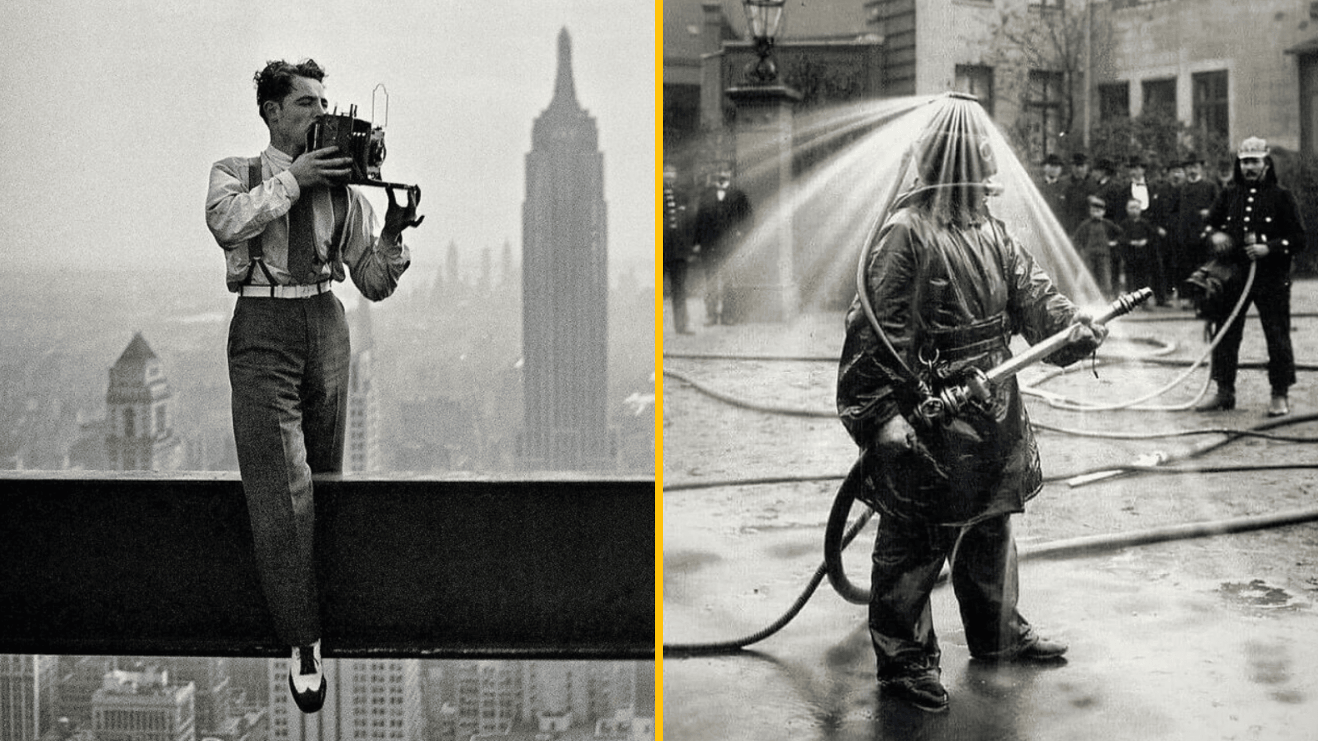 Vľavo: fotograf na oceľovej nosníku v New Yorku, vpravo: hasič v ochrannom obleku z 20. storočia pri zásahu.