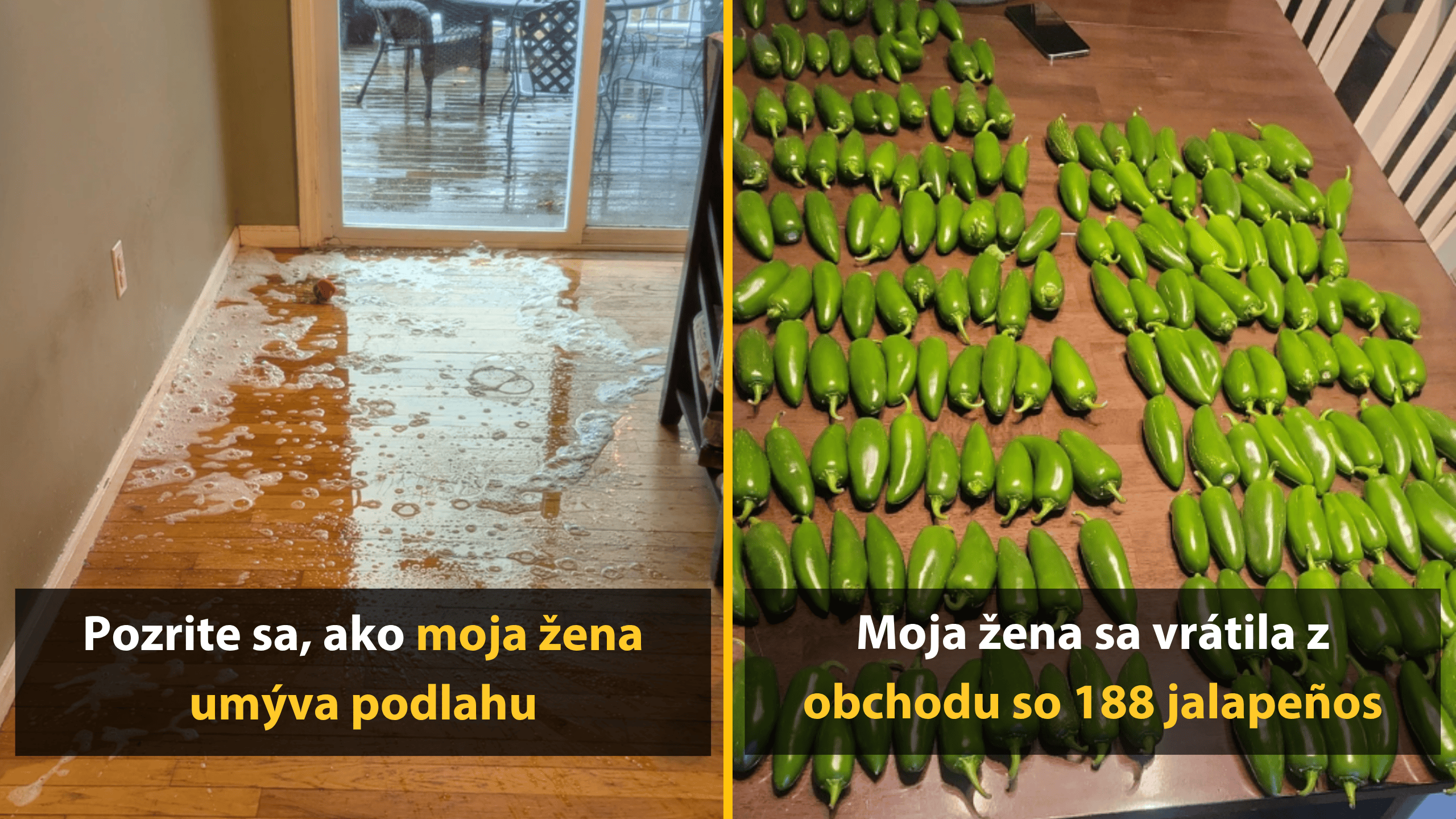 Podlaha plná peny vedľa stola s množstvom zelených papričiek jalapeños na drevenom povrchu.