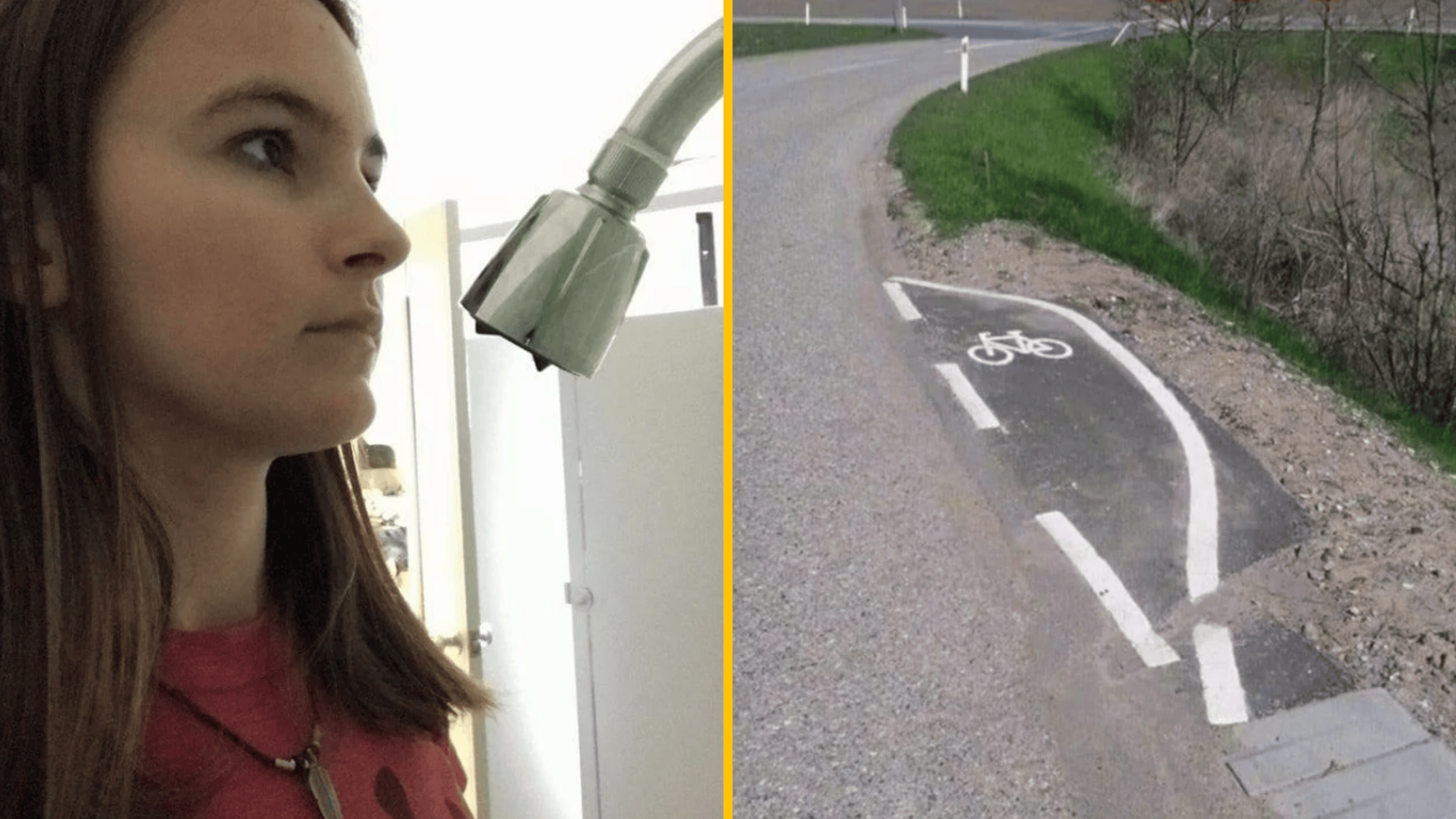 Žena čelí veľkej sprche; zle označený cyklochodník končí v poli.