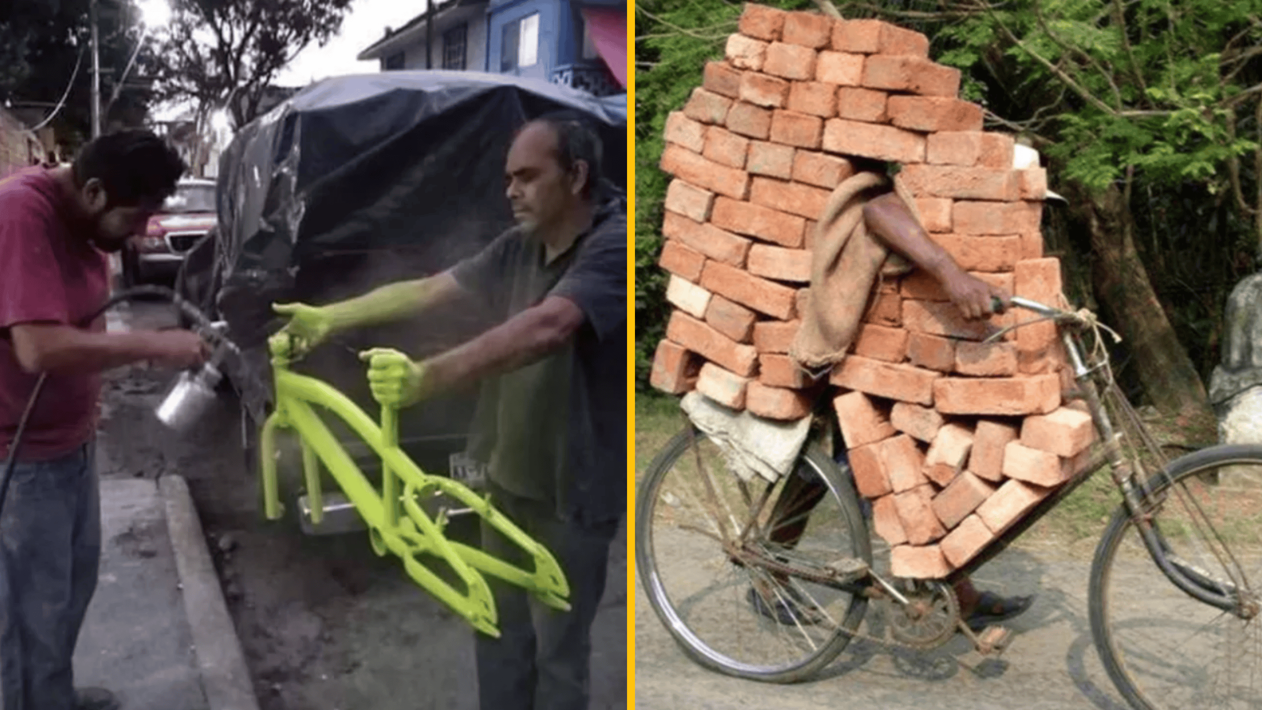 Muž strieka žltý lak na rám bicykla; iný bicykel naložený tehlami na vidieckej ceste. Kreatívna dopravná logistika.