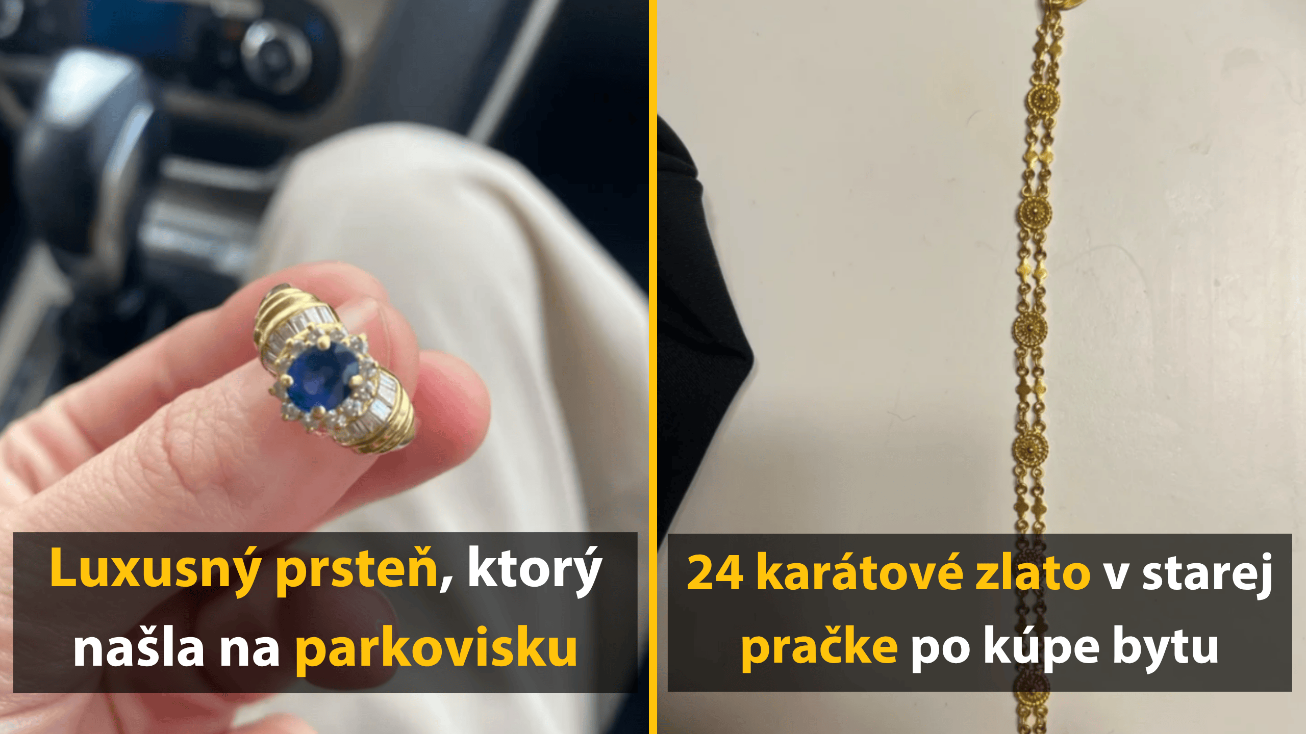 Ruka drží prsteň s modrým drahokamom; zlatý náramok na bielom pozadí.