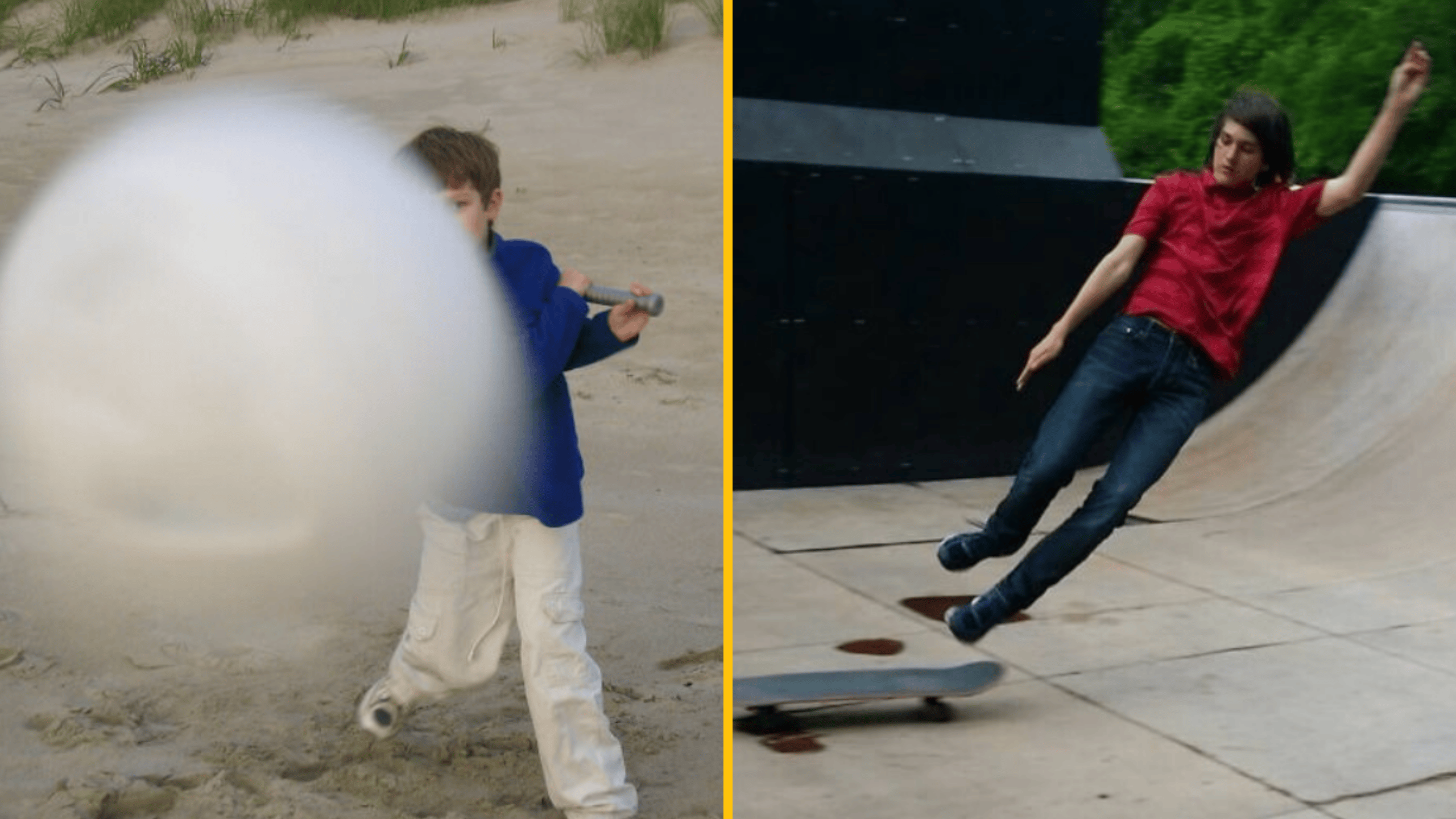 Dve deti pri športových aktivitách, jedno s pálkou a druhé na skateboarde v skejtparku.