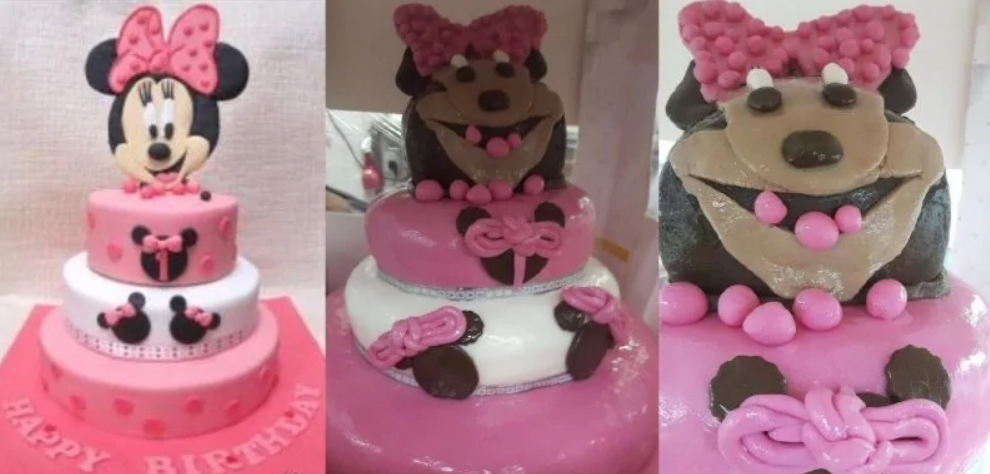 Ružové trojposchodové torty s postavami z animovaného sveta, jedna sa vydarila lepšie ako druhá.