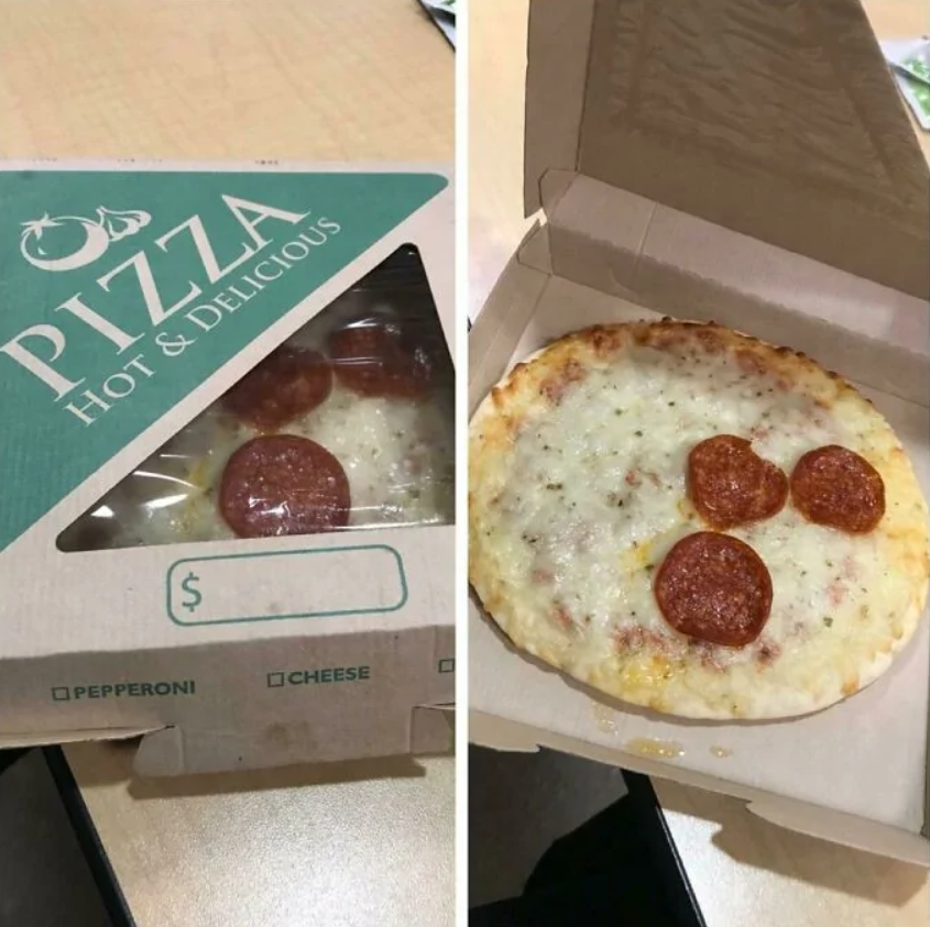 Uzavretá pizza krabica s nápisom, otvorená ukazujúca syrovú pizzu so štyrmi plátkami pepperoni.