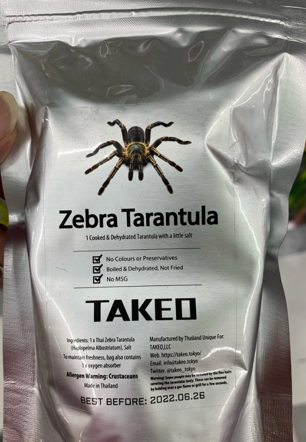 Balenie sušenej zebra tarantule značky TAKEO, bez konzervantov, vyrobené v Thajsku, dátum spotreby: 26.6.2022
