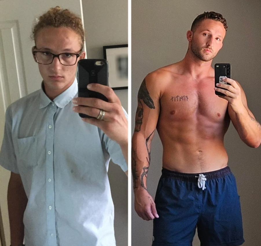 Osoba na selfie pre zmenu telesnej kondície, pred a po fitness transformácii.