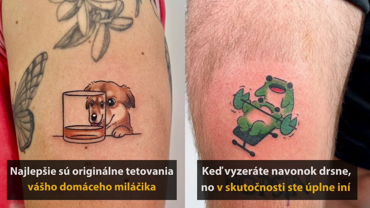 Tetovania domácich miláčikov - pes za pohárom a vtipný zelený tvor s činkami. Originálne a tematicky rozmanité umelecké diela.