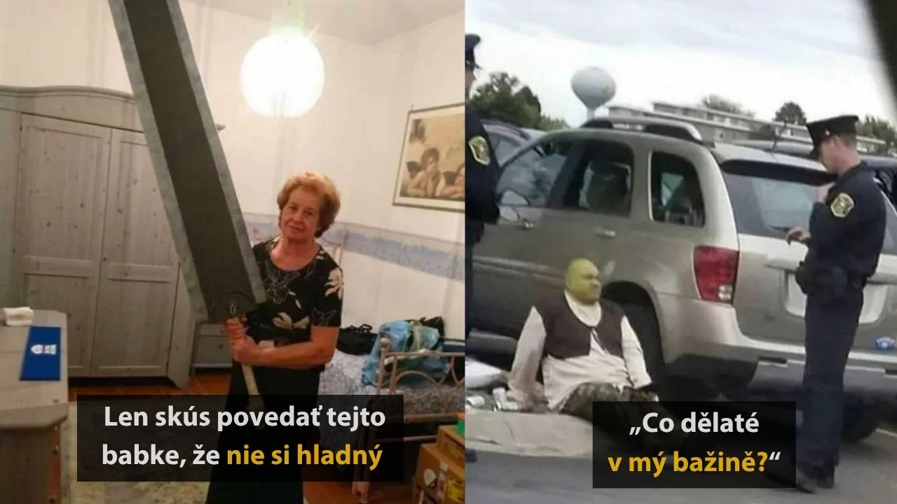 Babka držiaca obrovský meč, maskot na zemi vedľa auta, policajt s poznámkami. Vtipná situácia.