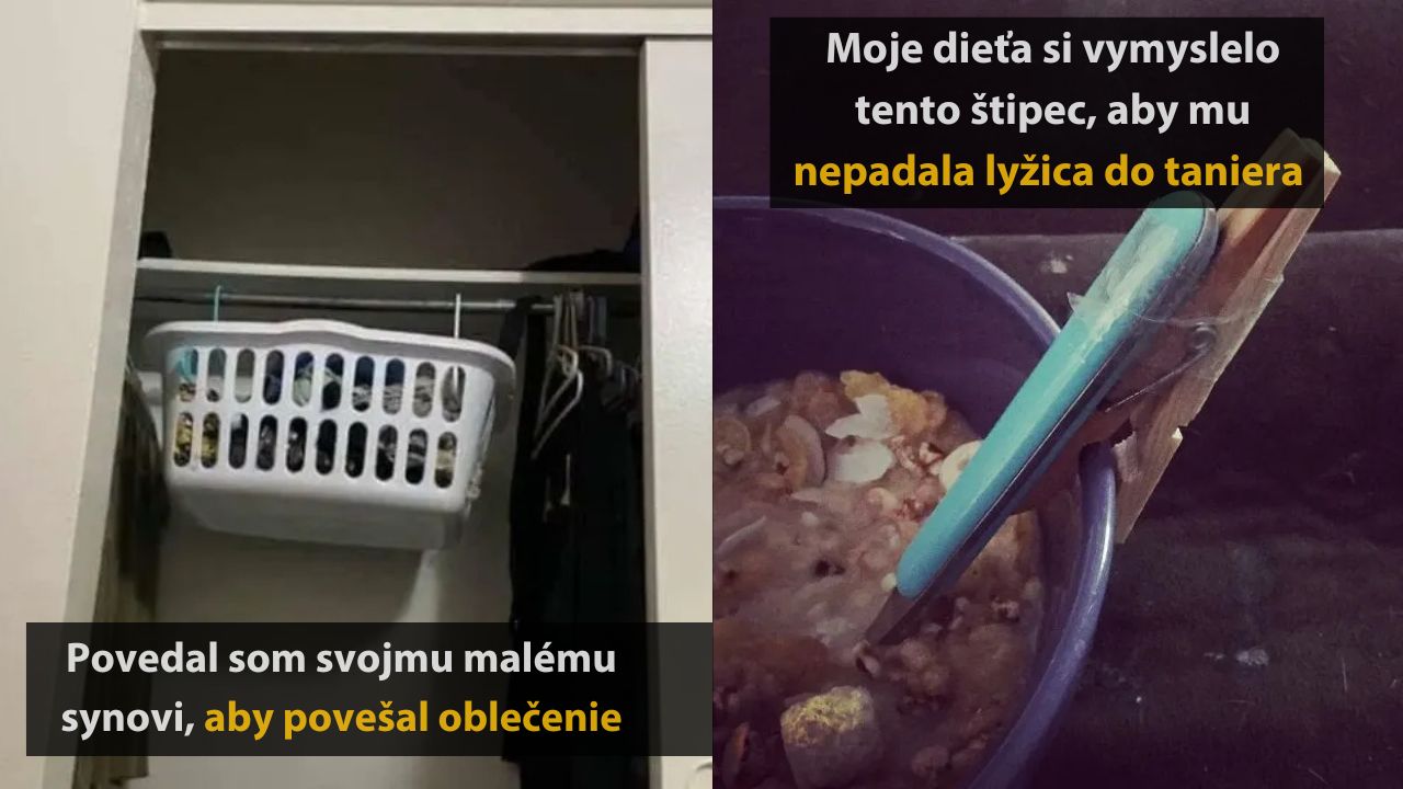Kreatívne použitie koša a štipca deťmi: kôš zavesený do skrine, štipec na fixáciu lyžice v miske.