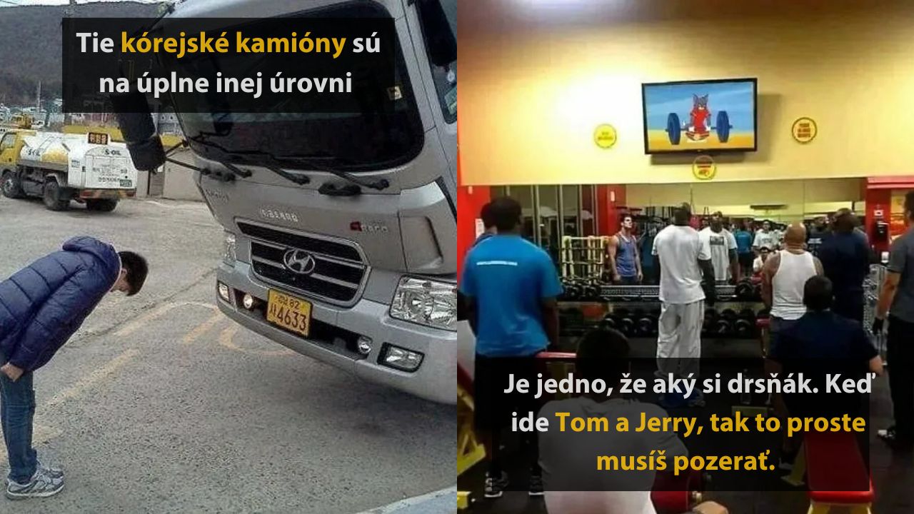 Muž sa klania kamiónu Hyundai, ľudia v posilňovni sledujú kresleného Toma a Jerryho na obrazovke.