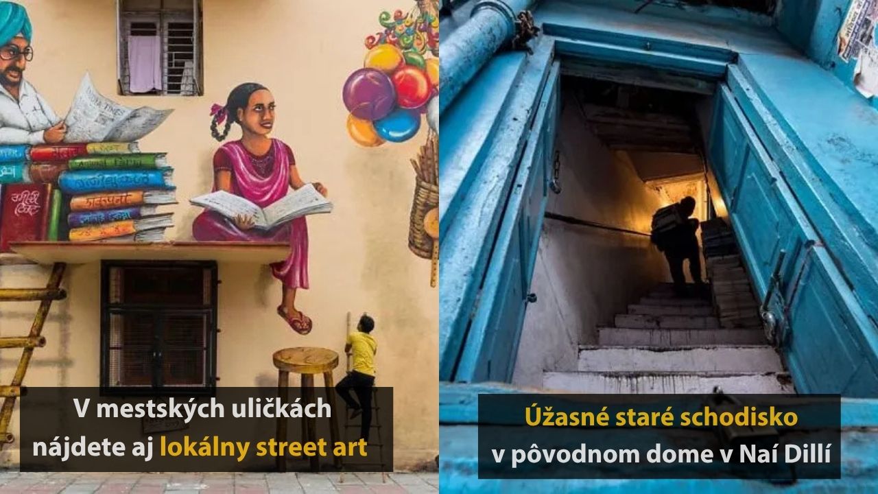 Mestský street art s knihami a staré schodisko v Naí Dillí ponúkajú unikátny pohľad do miestnej kultúry a histórie.
