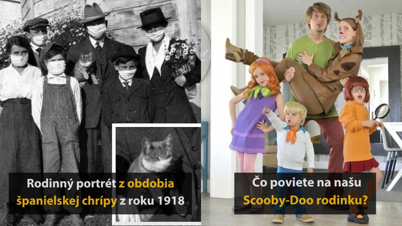 Rodinné foto s rúškami z čias španielskej chrípky a veselá Scooby-Doo rodinka v kostýmoch.