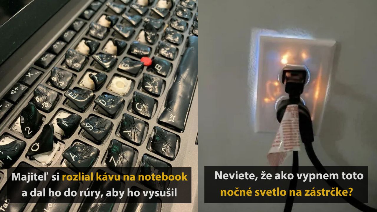 Klávesnica notebooku po poškodení teplom a zátka s blikajúcim svetlom v stene. Nepoužívajte rúru na sušenie!