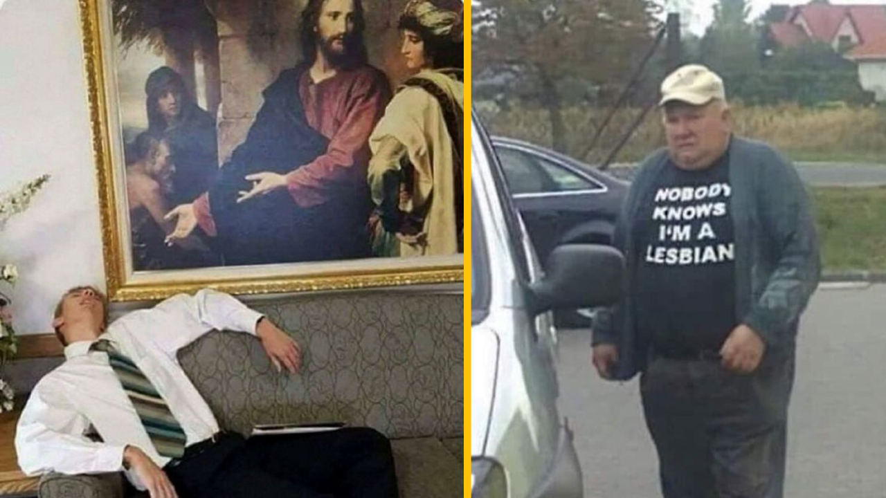 Osoba spí pred obrazom, na ktorom sa Ježiš s gestom otáča. Muž pri aute má tričko s vtipným nápisom.