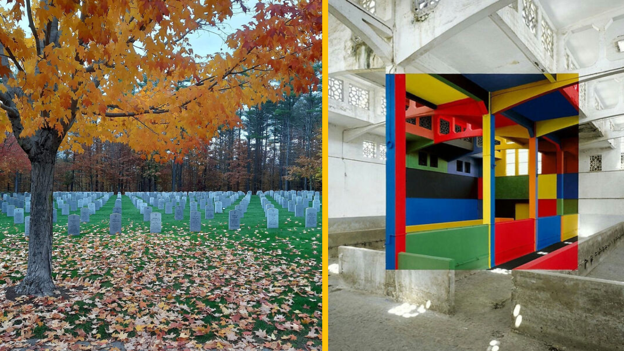 Cintorín v jeseni vedľa farebnej modernej architektúry v priemyselnom priestore.