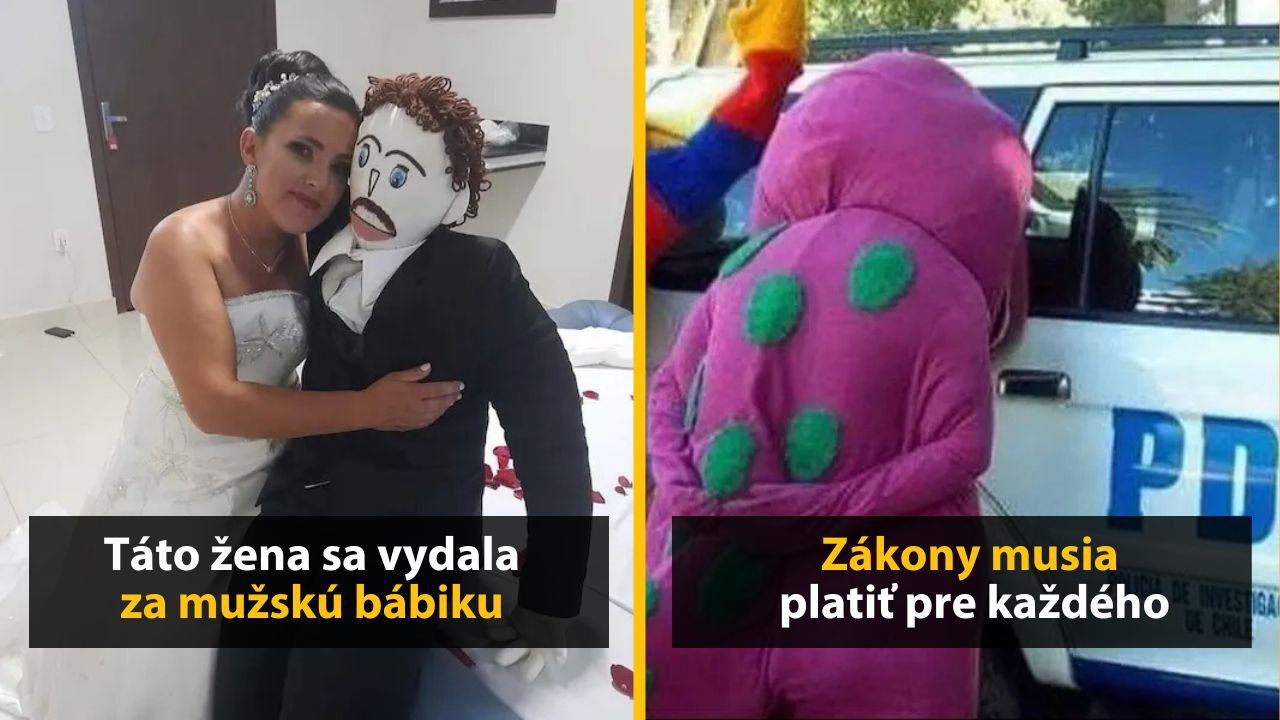 Žena v svadobných šatách s bábikou a dinosaurus pri policajnom aute – súhrn netradičných momentov.