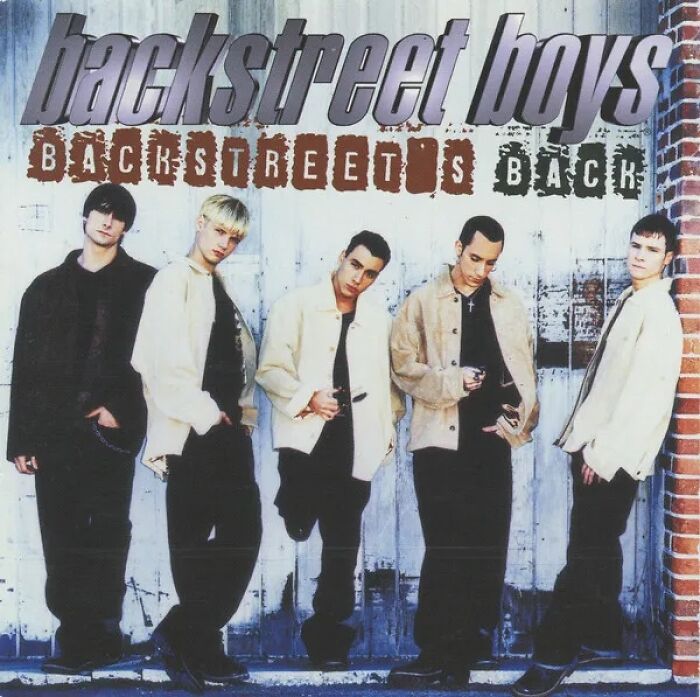 Obálka albumu s piatimi mužmi v svetlom oblečení pred bránou. Názov: Backstreet's Back.