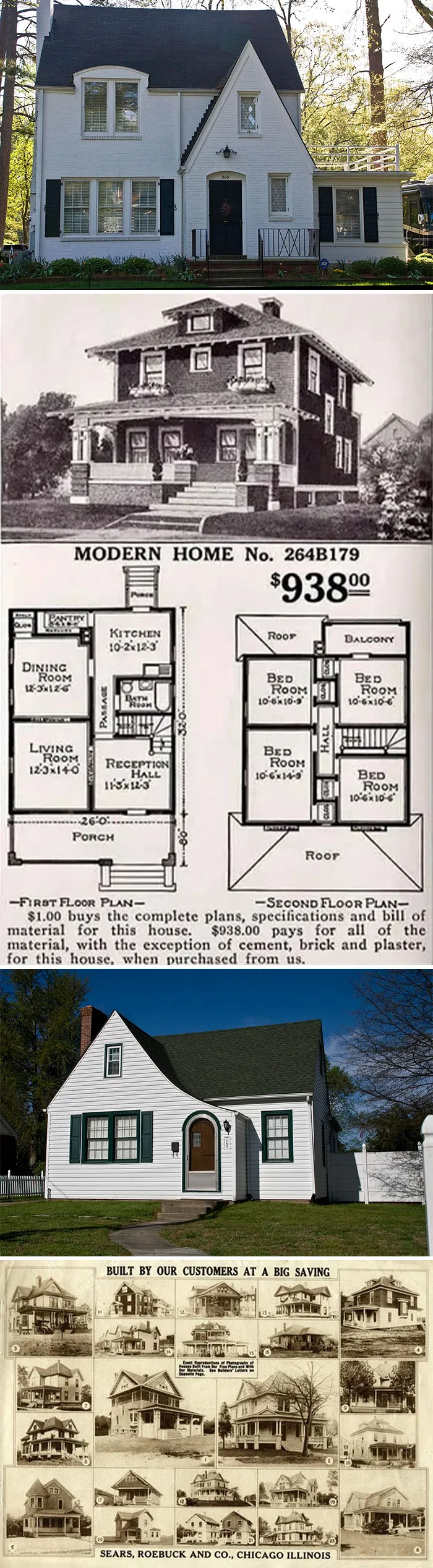 Historické domy s plánmi a cenami od Sears, Roebuck and Co., vrátane modernej a tradičnej architektúry.