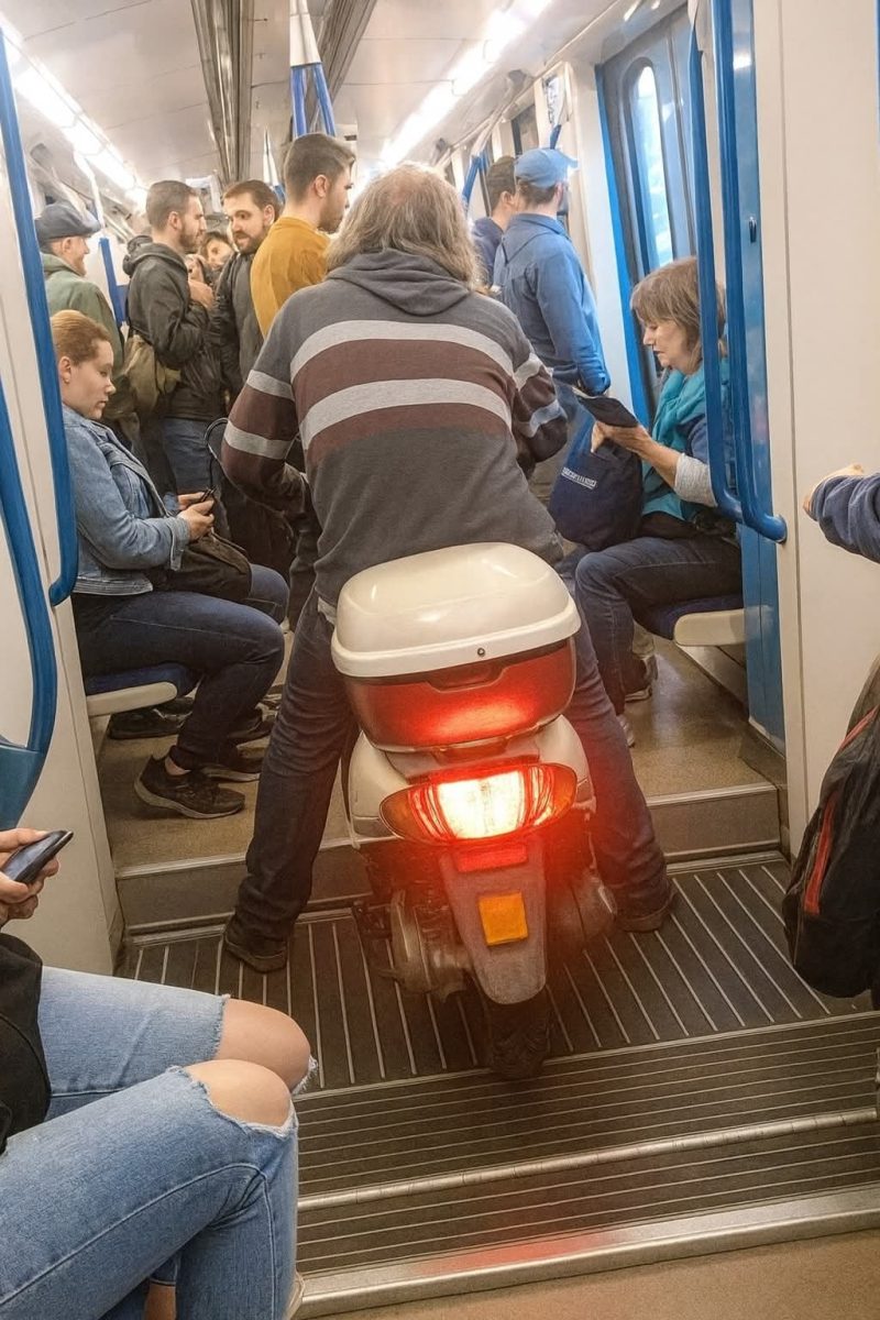 Človek na dvojkolesovom vozidle vo vnútri vlaku.