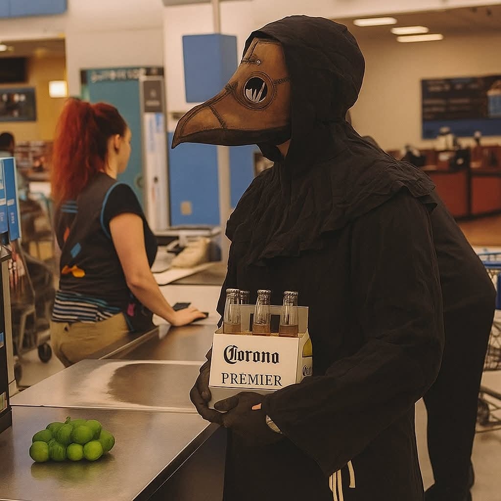 Postava v kostýme morového lekára pri pokladni s pivom Corona.