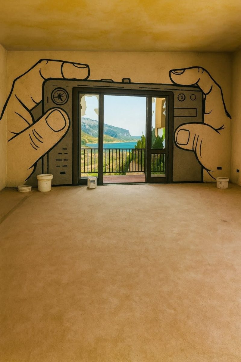 Ručne maľovaný fotoaparát na stene rámuje výhľad na more za oknom, kreatívny dizajn interiéru.